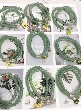 新中式双圈东陵绿手链女批发民族风文艺吊坠配件仙气时尚手串