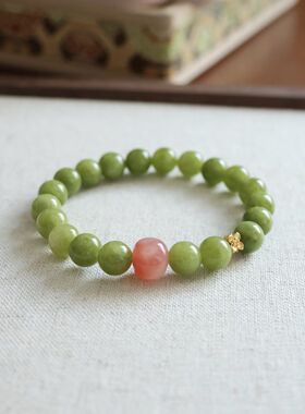 春江集桃花酿天然橄榄绿手串搭配粉色手链国风山水串珠手串礼物