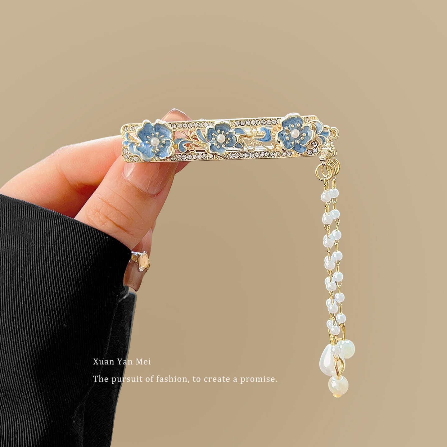 法式蓝色花朵珍珠流苏发夹女新款侧边刘海夹子碎发鸭嘴夹时尚发卡,饰品/流行首饰/时尚饰品新,民族风发饰,淘宝优惠券,粉丝福利购,淘宝优惠卷