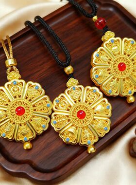 婚庆喜庆中式国潮项链金镂空花丝八宝罗盘吊坠项链彩绘国风项链