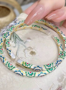 铜镀银仿古描金方宝相花珐琅银色四方花朵开口手镯新中式国风镯子