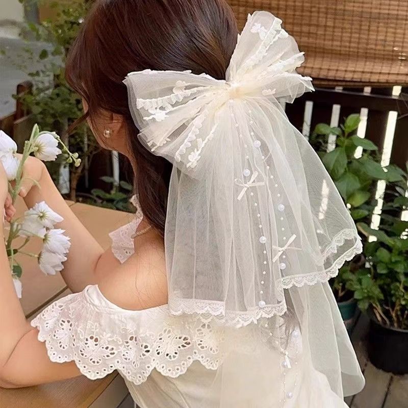 新款超仙蝴蝶结白色蕾丝头纱发夹女生日领证头饰甜美写真拍照网纱