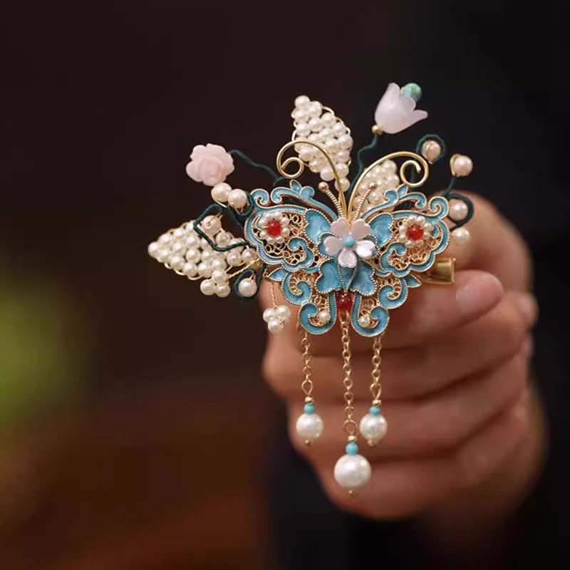 烧蓝女生蝴蝶发夹新中式精致高端边夹侧边发卡后脑勺半扎旗袍头饰,饰品/流行首饰/时尚饰品新,民族风发饰,淘宝优惠券,粉丝福利购,淘宝优惠卷