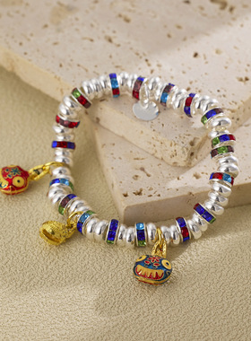 铜镀银仿古手链彩色吞金兽一家三口描金盘缠手链轻奢级感创意百搭