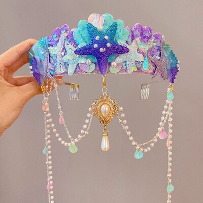 小女孩皇冠头饰额头链六一额饰女童人鱼公主皇冠发箍儿童表演装扮