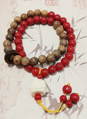 少女红学生手链新中式醒狮吊坠国风手链鸡翅木琉璃珠双圈手串女孩