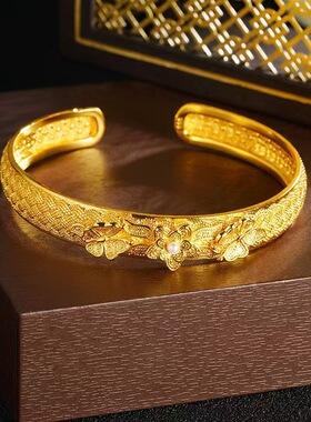 婚庆金镯子合金镀金色莲开福来金手镯中式花丝古典开口手环宫廷风