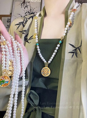 沙金圆牌珍珠长款项链女新中式古风国风汉服项链链轻奢风配饰女
