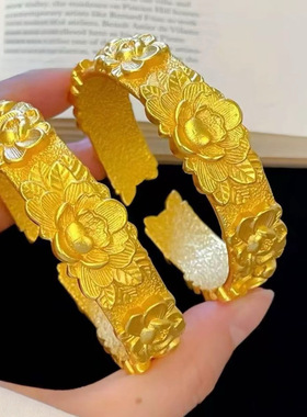 喜庆大金镯子女牡丹花开口手镯国色芳华实心精工版花朵镯子高级感