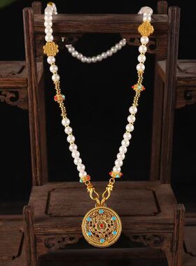 宫廷风汉服旗袍配饰新款长款珍珠古法花丝八宝罗盘多宝项链毛衣链