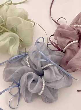 女生发圈新款珍珠蝴蝶结紫色大肠发圈高级感扎头发马尾头绳发饰女