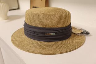 法式草编平顶礼帽女夏出游度假遮阳帽优雅丝带装饰网红小清新礼帽