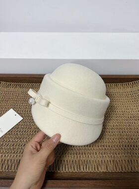 黑色小礼帽女秋冬新款韩系复古珍珠盆帽小众设计气质显脸小贝雷帽