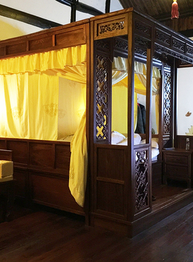 博帏中式蚊帐仿古典风格双月洞拔步架子床明黄布如意整体绣花床幔