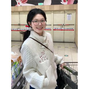 韩系甜美针织拼接兔毛外套女冬季小个子短款夹棉加绒加厚毛衣开衫