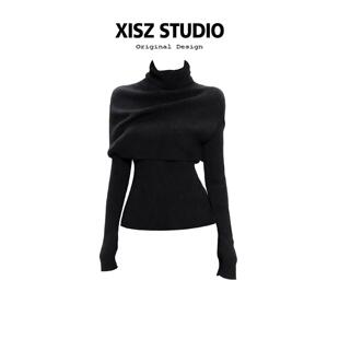 法式高领披肩针织衫女秋冬季修身显瘦打底衫内搭高级感黑色毛衣