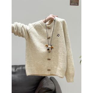 白色长袖针织开衫毛衣女2025秋冬加厚外套小狗刺绣可外穿慵懒上衣