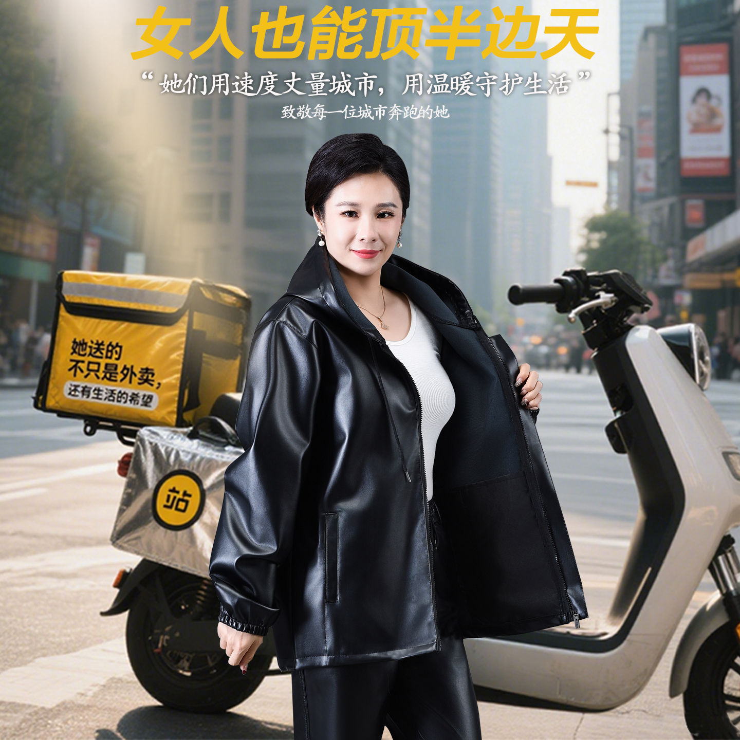 皮衣皮裤套装春秋单款连帽女秋冬骑行外卖防风宽松干活工作服外套
