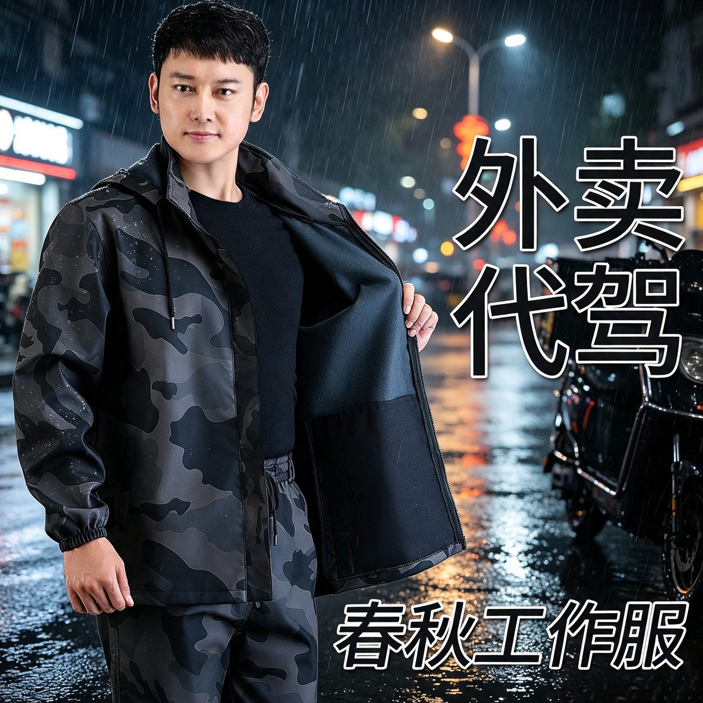 春秋PU迷彩皮衣皮裤套装可拆卸帽防水耐脏外卖代驾摩托骑行劳保服