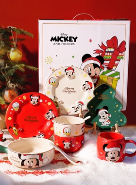 迪士尼圣诞主题米饭碗盘子马克杯子勺筷家用红色浮雕陶瓷餐具套装