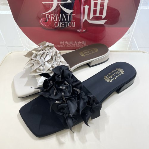 宝诗美迪专柜牛皮新款外穿一字拖鞋平底低跟女鞋春夏季凉鞋编织带