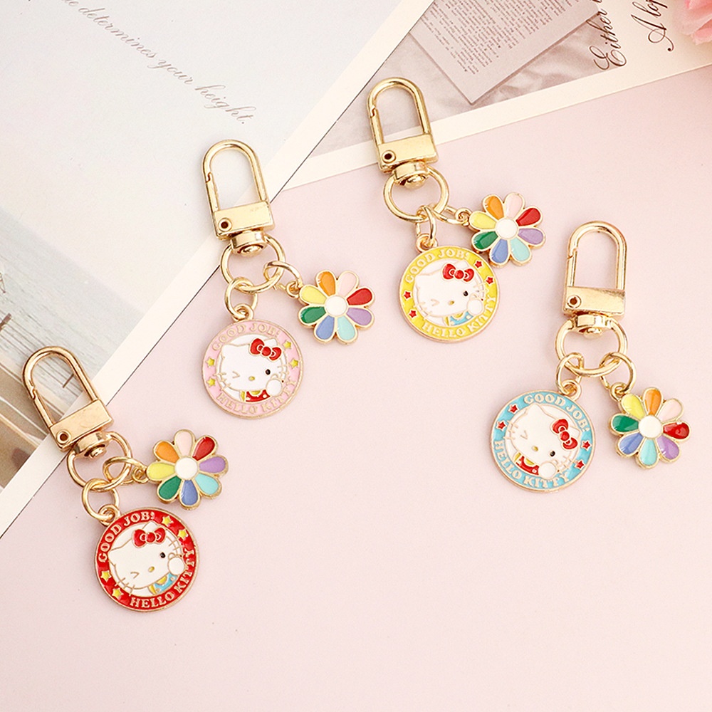 彩色小花朵心kitty猫圆牌挂件钥匙扣可爱包包挂饰airpods挂扣