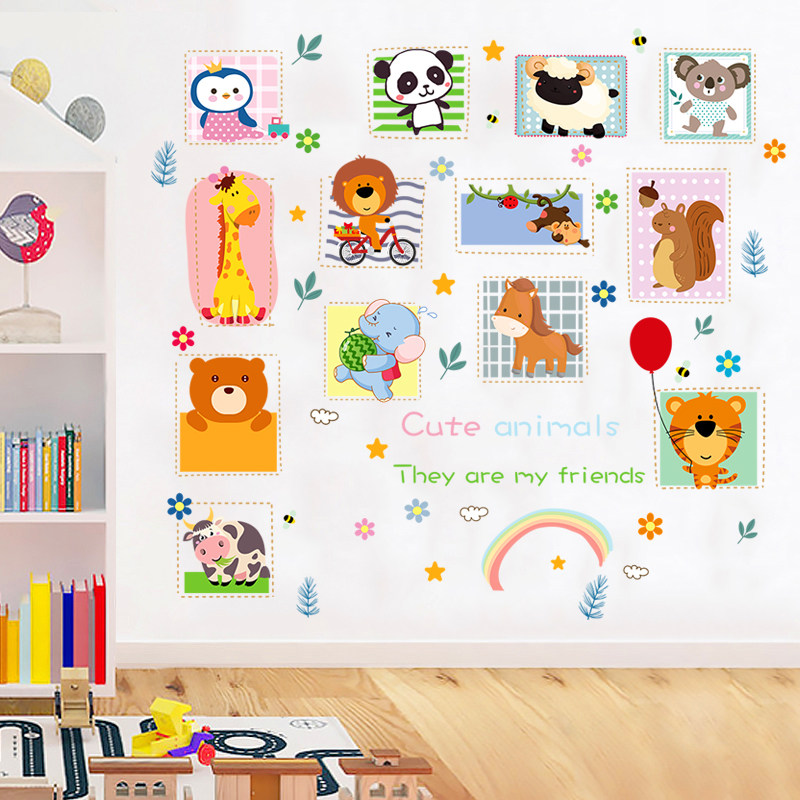 可爱儿童房宝宝卧室墙贴纸卡通动物头像照片墙装饰品趣味相框贴画