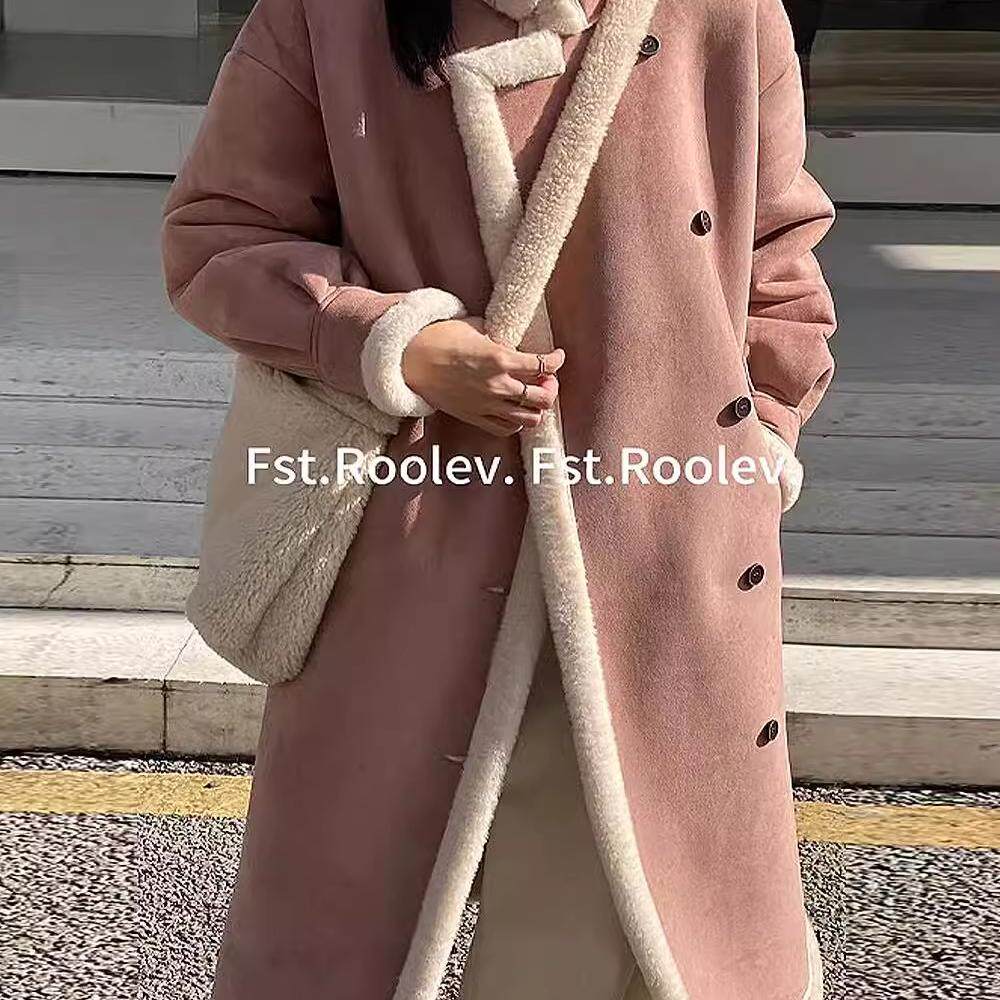 皮毛一体羊羔毛外套女秋冬立领长款麂鹿皮绒羊羔毛绒大衣女皮草