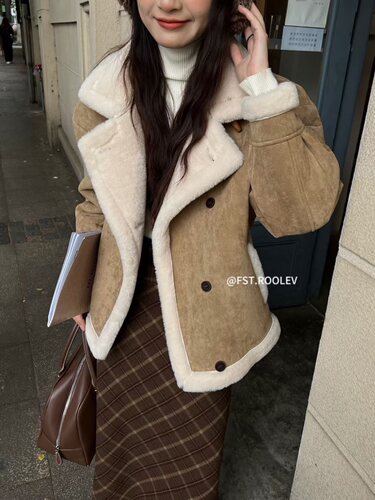 FST9513 卡其皮毛一体羊羔毛外套女冬季加厚设计感麂皮绒机车服潮