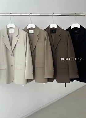 FST 黑色西装外套女秋季新款复古宽松高级感格纹休闲卡绿西服上衣