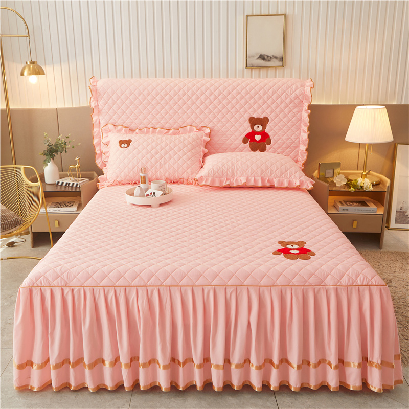 水洗棉夹棉床裙式单件纯色加厚床罩三件套床垫保护套床套床单防滑