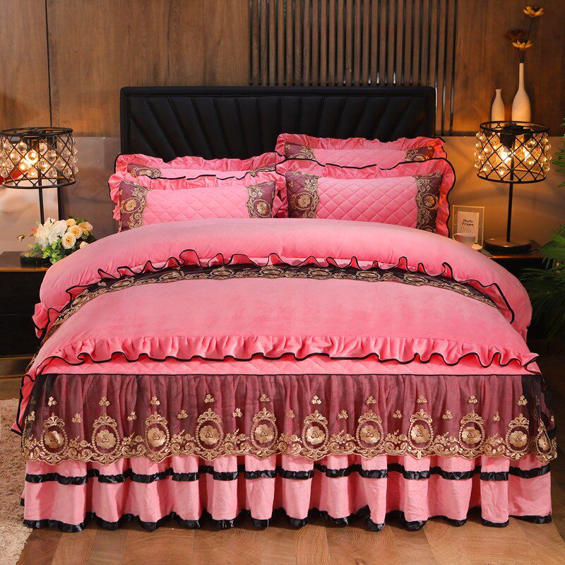 保暖水晶绒夹棉蕾丝床裙床上四件套公主风加厚床罩珊瑚绒被套床单