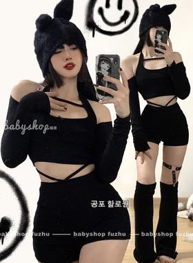 【babyshop】居家黑兔兔～辣妹allblack针织不规则性感绑带套装