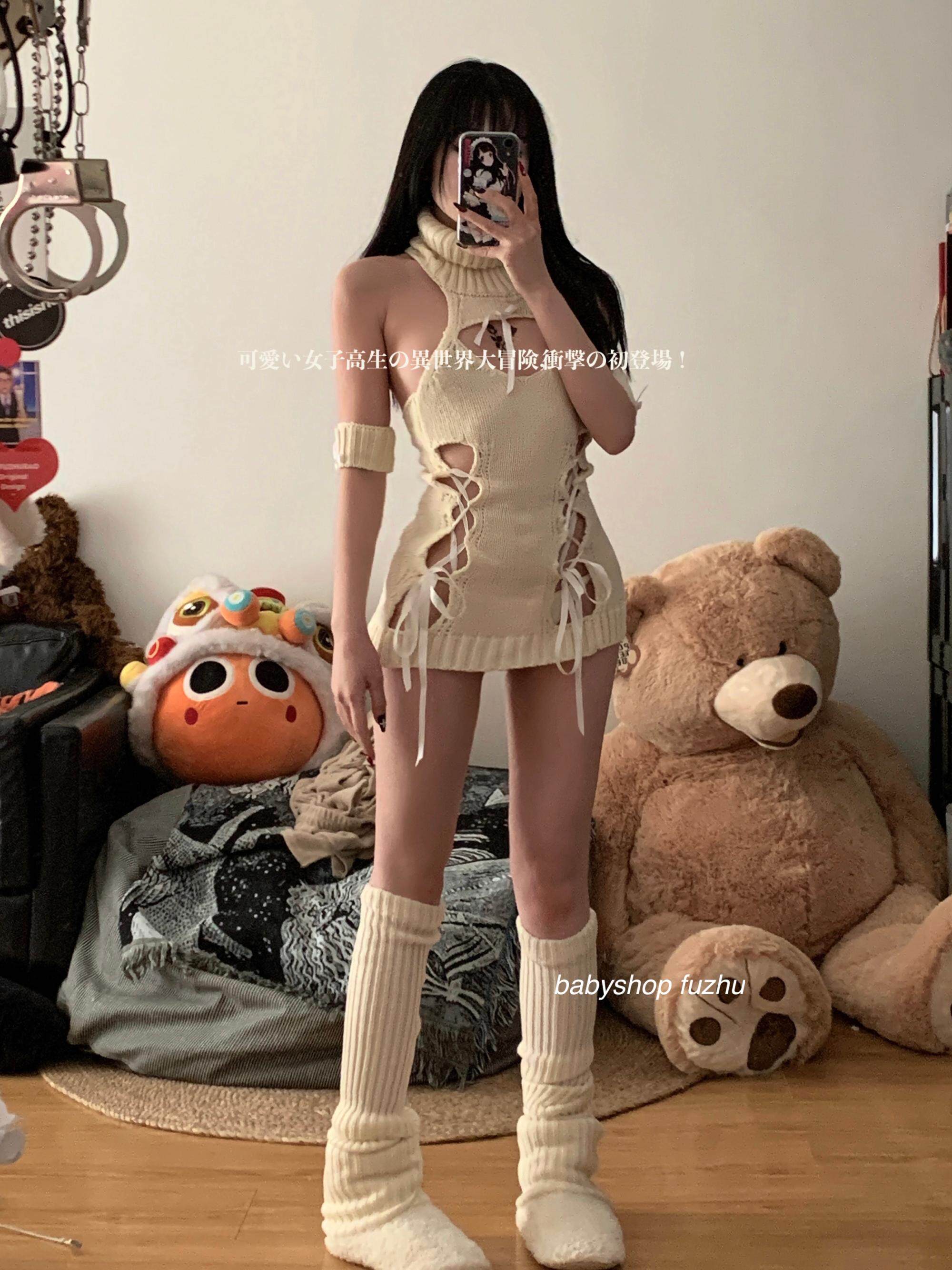 【babyshop】绵羊兔兔开胸露背杀手毛衣绑带套装