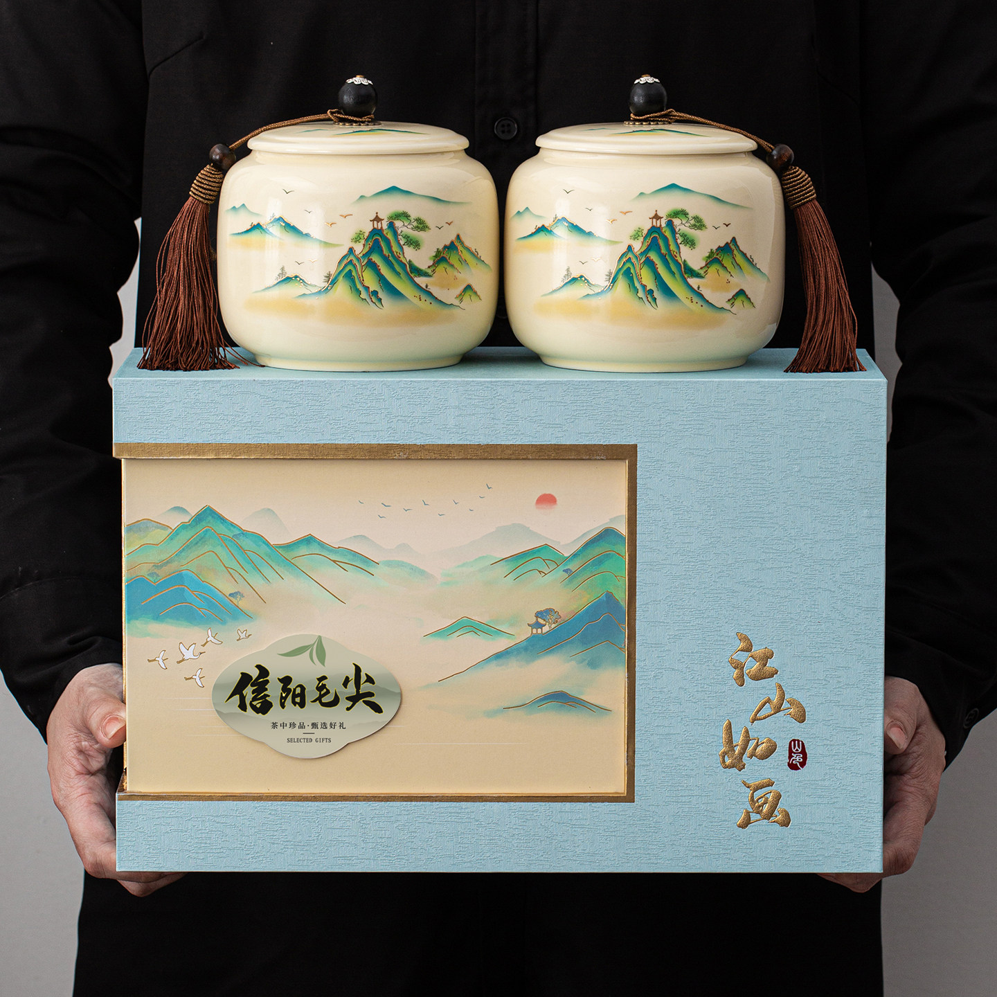 高档信阳毛尖茶叶包装盒空礼盒陶瓷双罐300g绿茶礼品盒高级感批发