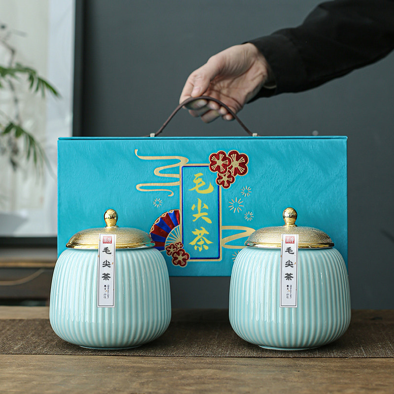 高档绿茶包装盒陶瓷罐礼盒图片