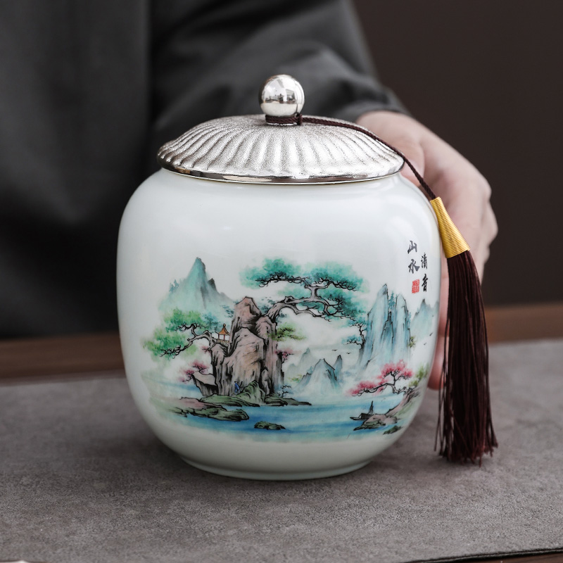 高档中式茶叶罐大号家用轻奢陶瓷防潮密封罐通用存茶罐高级感茶盒