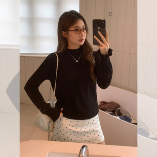 T恤女初秋纯色百搭简约上衣 半高圆领绞花肌理感针织长袖 法式 新款