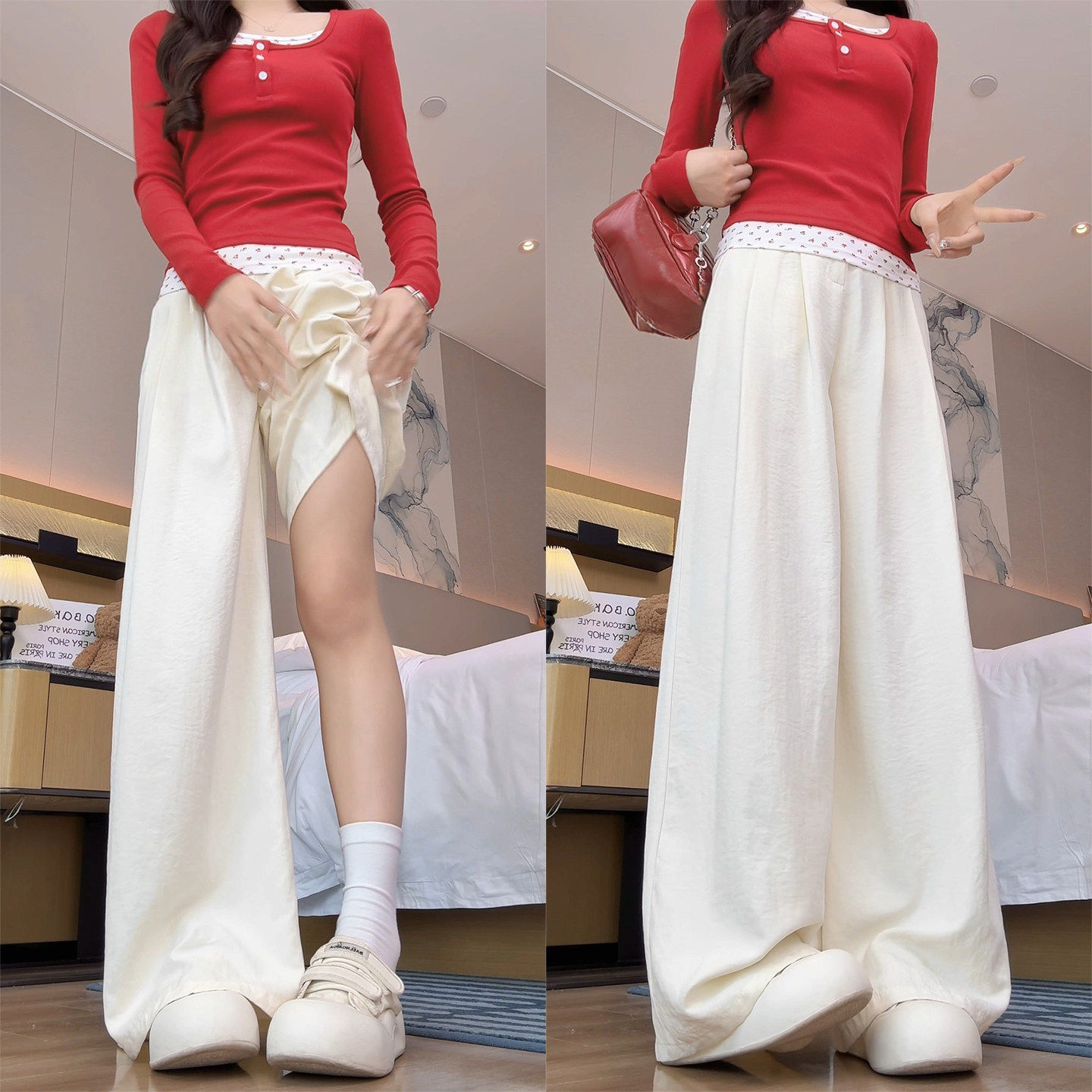 白色奶芙山本裤女春夏季2026新款直筒垂感胖mm大码西装休闲阔腿裤