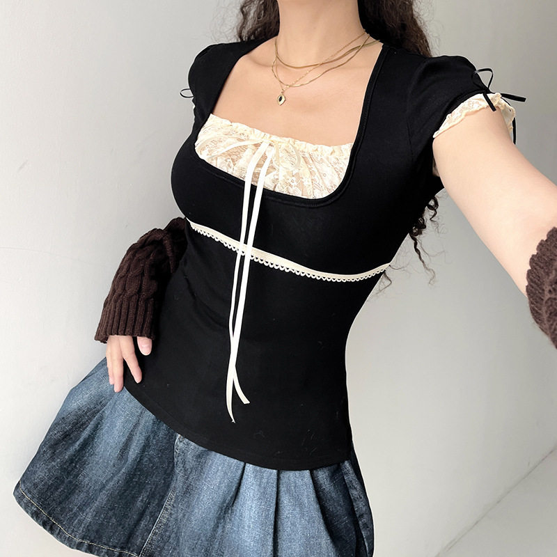街头时尚风欧美冬季ebay撞色拼接蕾丝方领系带清新甜美上衣女