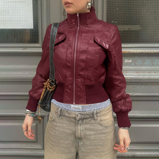 美式 复古帅气高领收腰拉链PU皮衣辣妹小众设计感显瘦宽松休闲外套