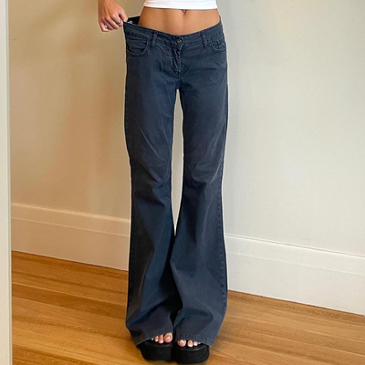 2025初秋美式复古风低腰牛仔微喇裤简约休闲长裤街头个性辣妹女装