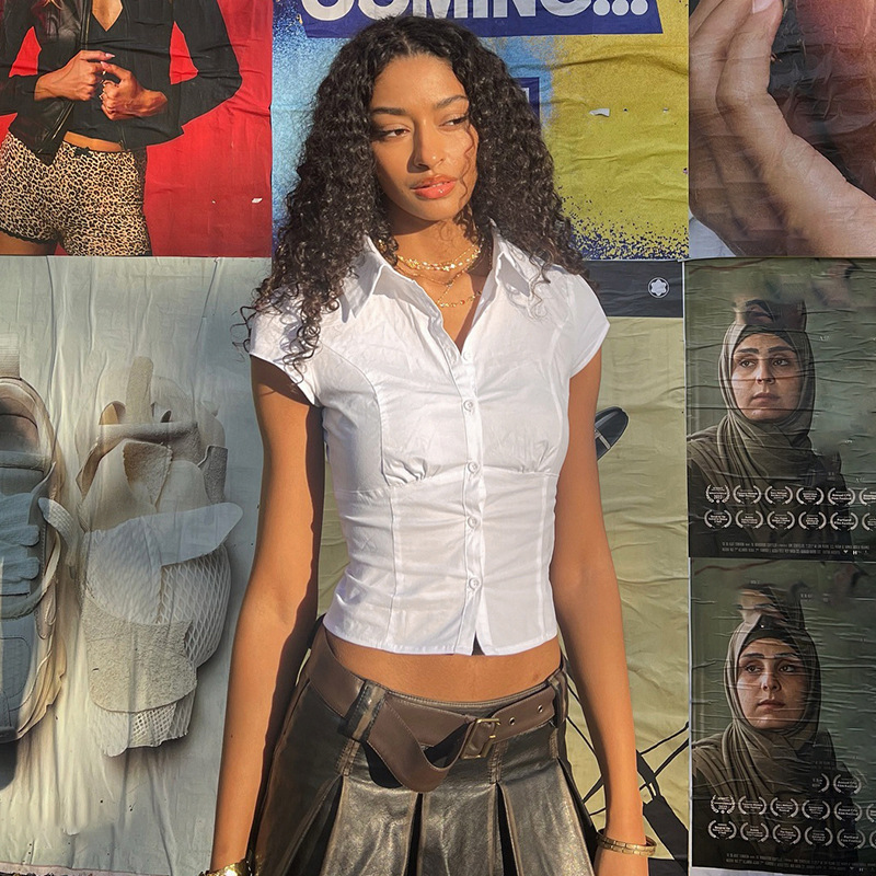 欧美女装纯色翻领排扣收腰褶皱显瘦气质清新衬衫短袖t恤