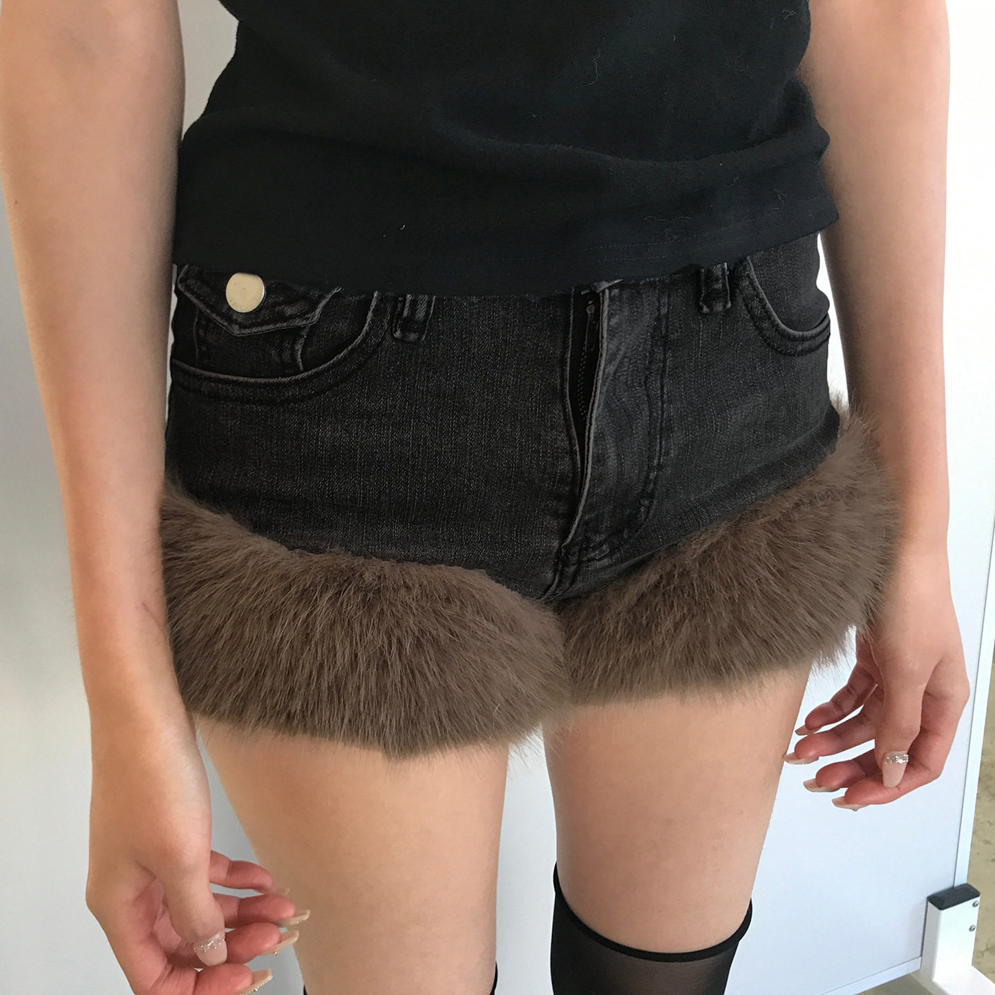 秋冬美拉德毛毛拼接韩风低腰牛仔裤个性潮流女装辣妹性感短裤