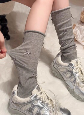 2025miu系芭蕾风蝴蝶结小腿堆堆袜夏季薄款JK女白色配德训鞋高筒