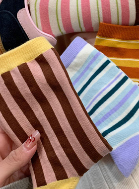 多巴胺色日系精梳棉条纹袜子女中筒袜韩国春夏薄款糖果色竖纹长袜