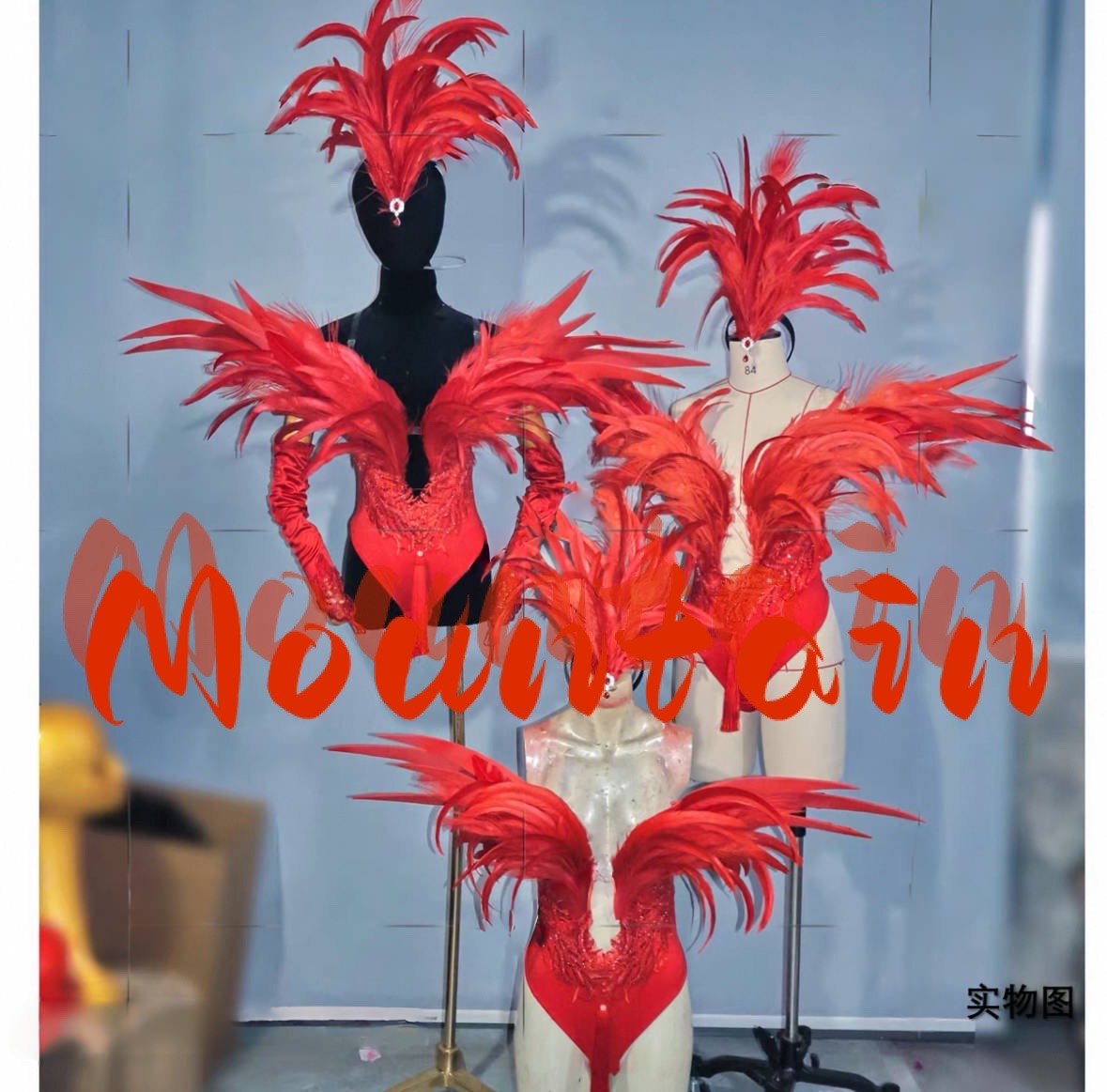 酒吧gogo演出服定制红色羽毛头饰套装性感辣妹舞台ds秀凤舞