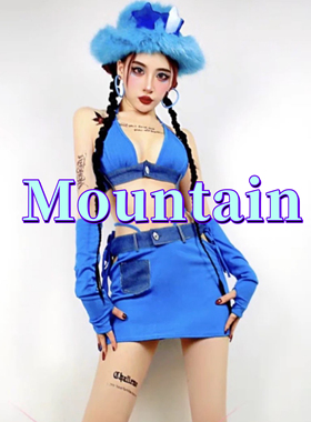 夜店酒吧宝蓝色分体牛仔套装辣妹女团可爱性感演出拼接gogo复古