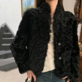 皮毛一体仿托斯卡纳羊羔毛皮草外套女新V领短款 上衣卷毛休闲女装