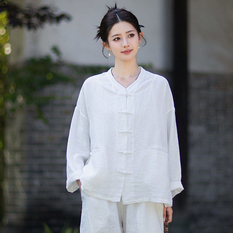 2026秋季新款禅意女装砂洗亚麻对襟麻花盘扣衬衫文艺太极开衫外套